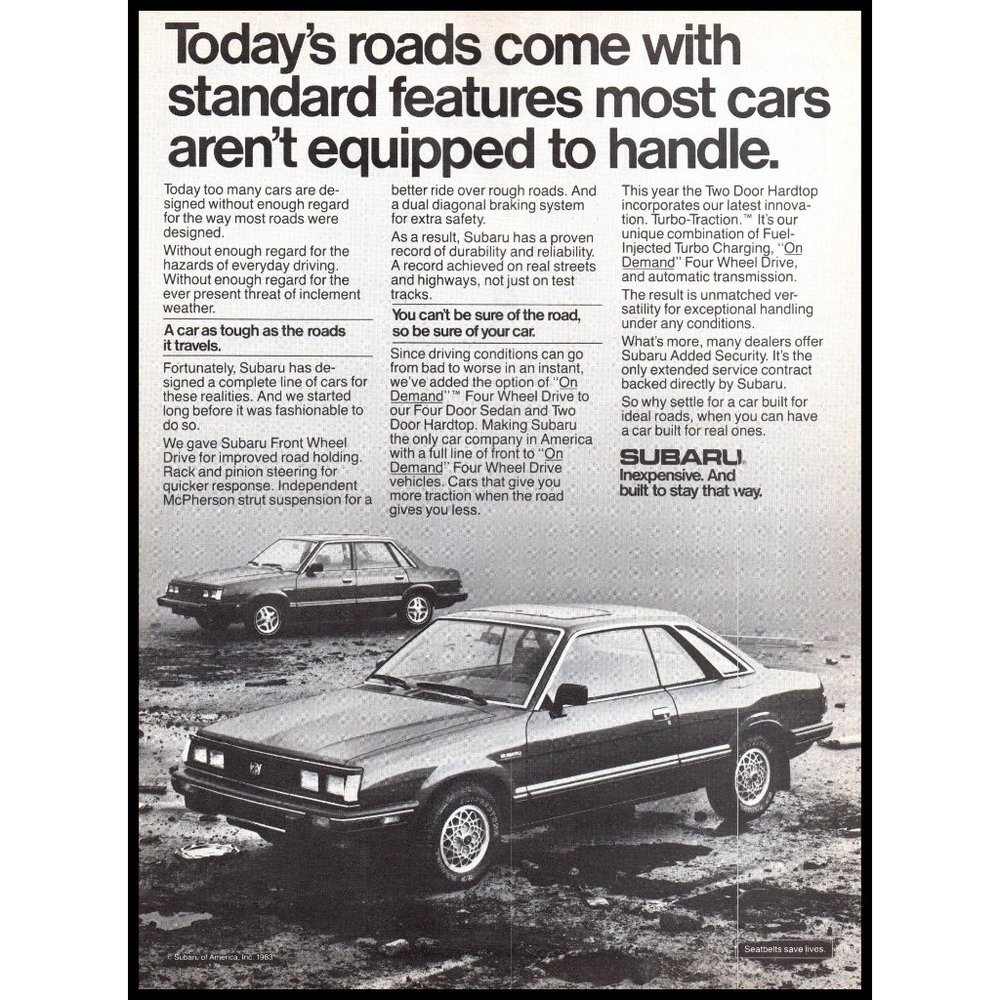 1984 Subaru Sedan and Coupe Vintage Print Ad Road Hazard Potholes Wall Art Photo